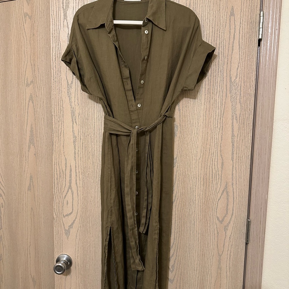 Mango Olive Green Sleeve Maxi Linen Dress
